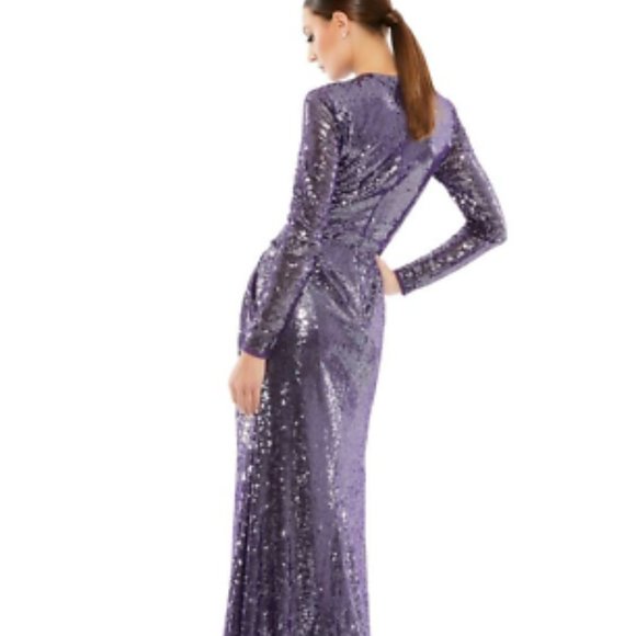 MAC DUGGAL 10824 SEQUINED HIGH NECK LONG SLEEVE DRAPED DARK AMETHYST GOWN sz 10 - Picture 2 of 7